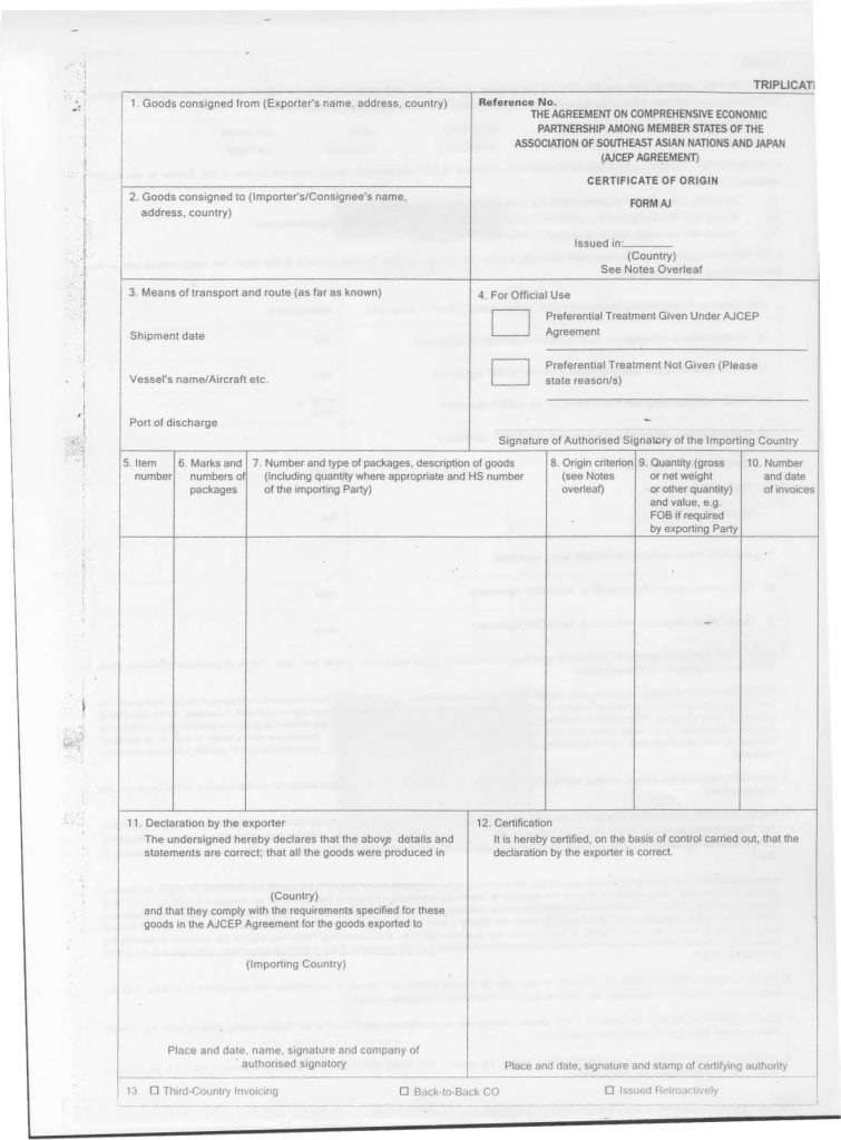 C/O form AJ là form ưu đãi cho hàng hóa xuất nhập khẩu đi Nhật Bản.