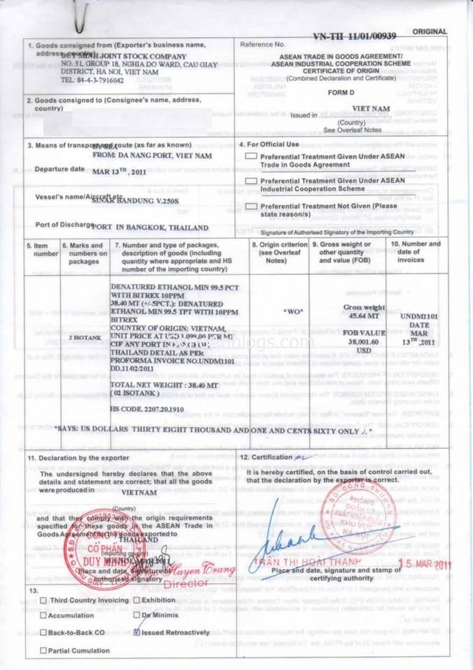 Nội dung chi tiết CO form D